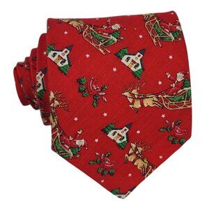 Buckingham Christmas Necktie With Santa & Reindeer Print 100% Cotton Red Vintage